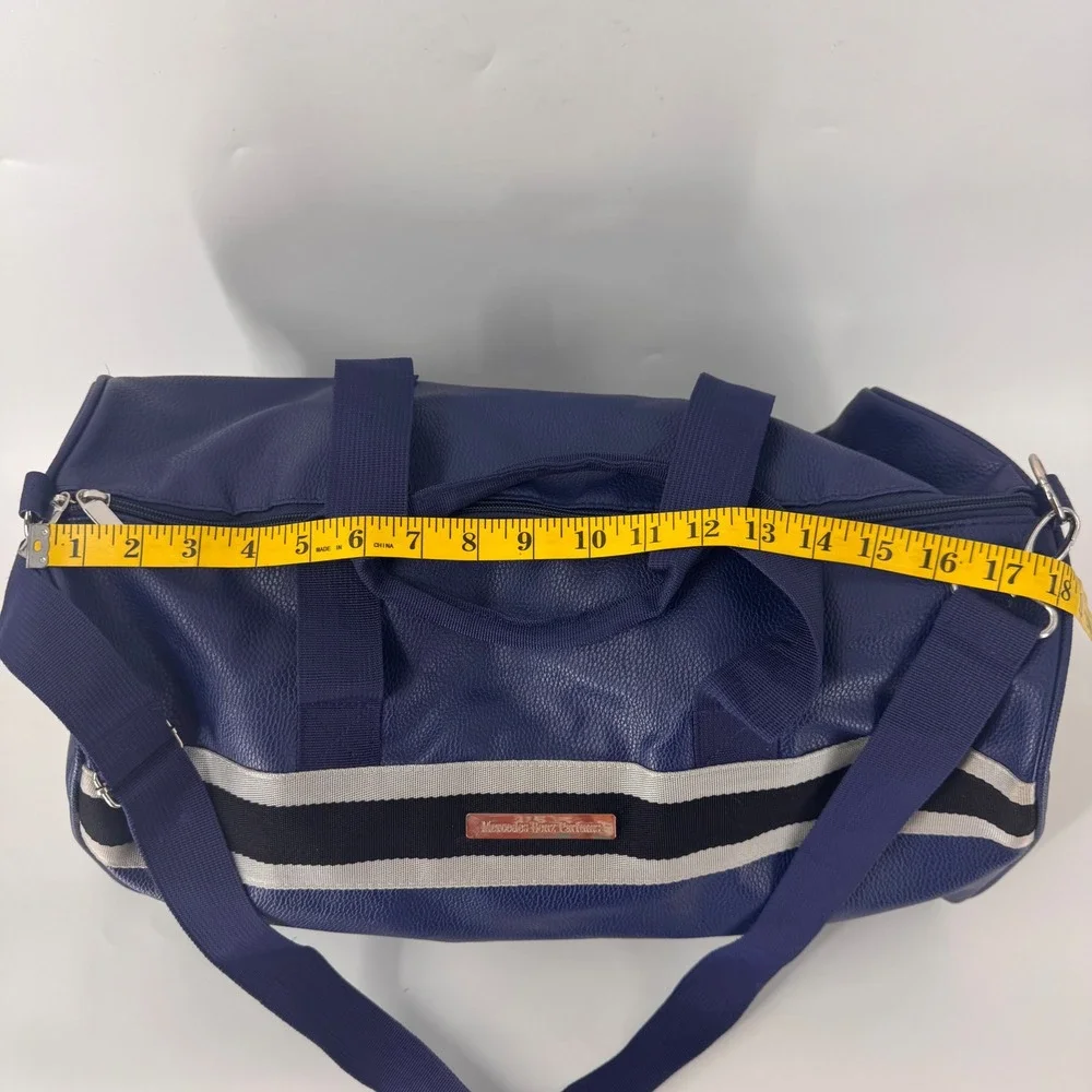 Mercedes Benz Parfums Navy Blue Pebbled Faux Leather Duffle Travel Bag Stripe